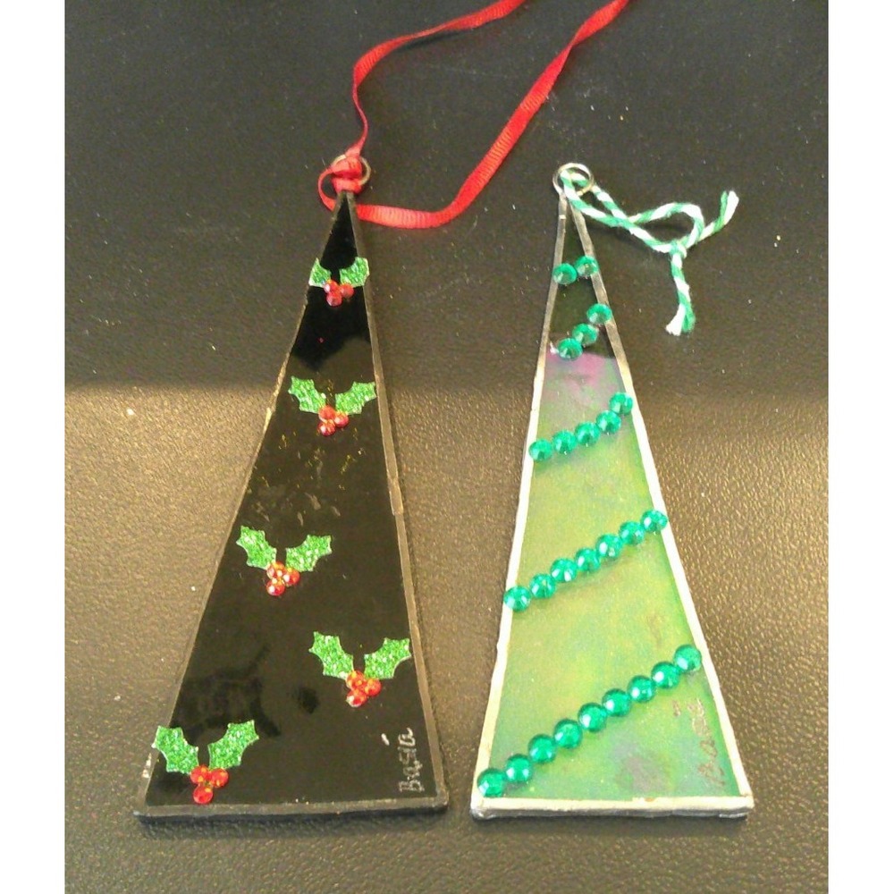 Fused Glass Embellished Christmas Tree Holiday Ornaments Hand Crafted Set of 2
